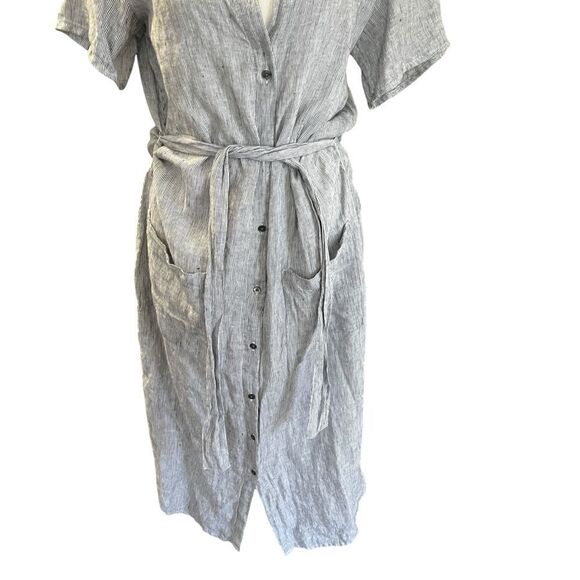 James Perse Linen Button Front Shirt Dress Belted Midi Blue Stripe Sz 3 (Large) - Picture 4 of 10